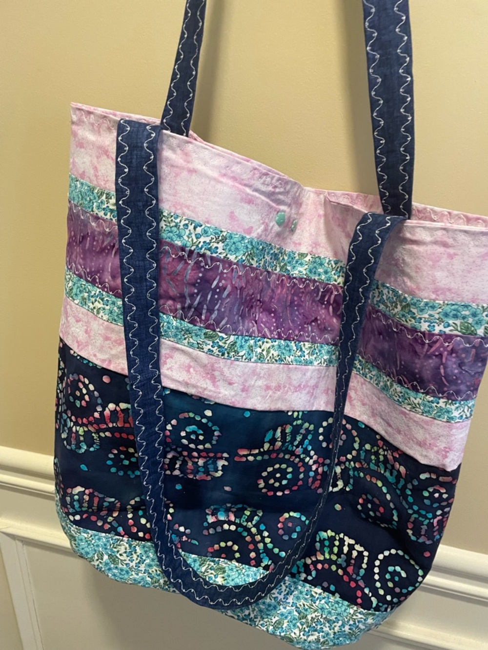 Handmade Patchwork Tote Bag in Navy, Purple, Pink - Picture 1 of 7